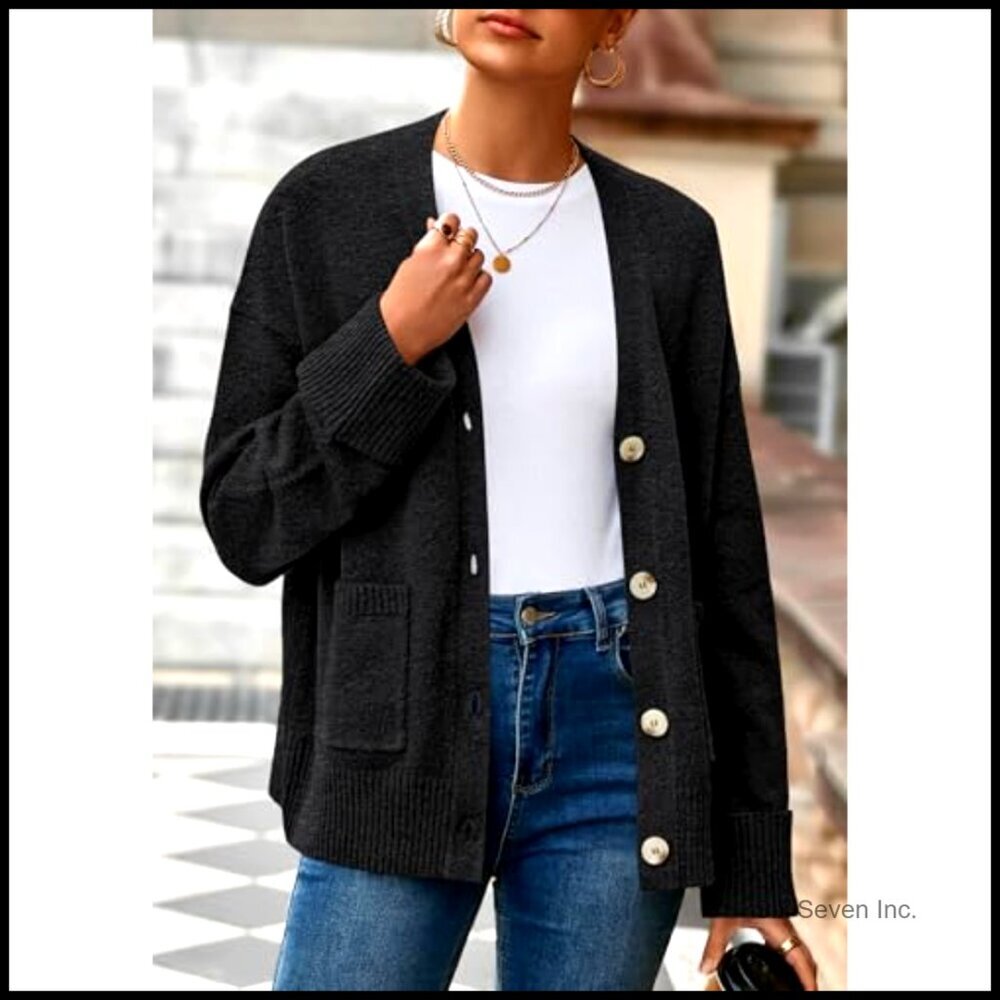 Oversized Chunky Knit Cardigan V Neck Button Down Drop Shoulder Pockets - Picture 6 of 7